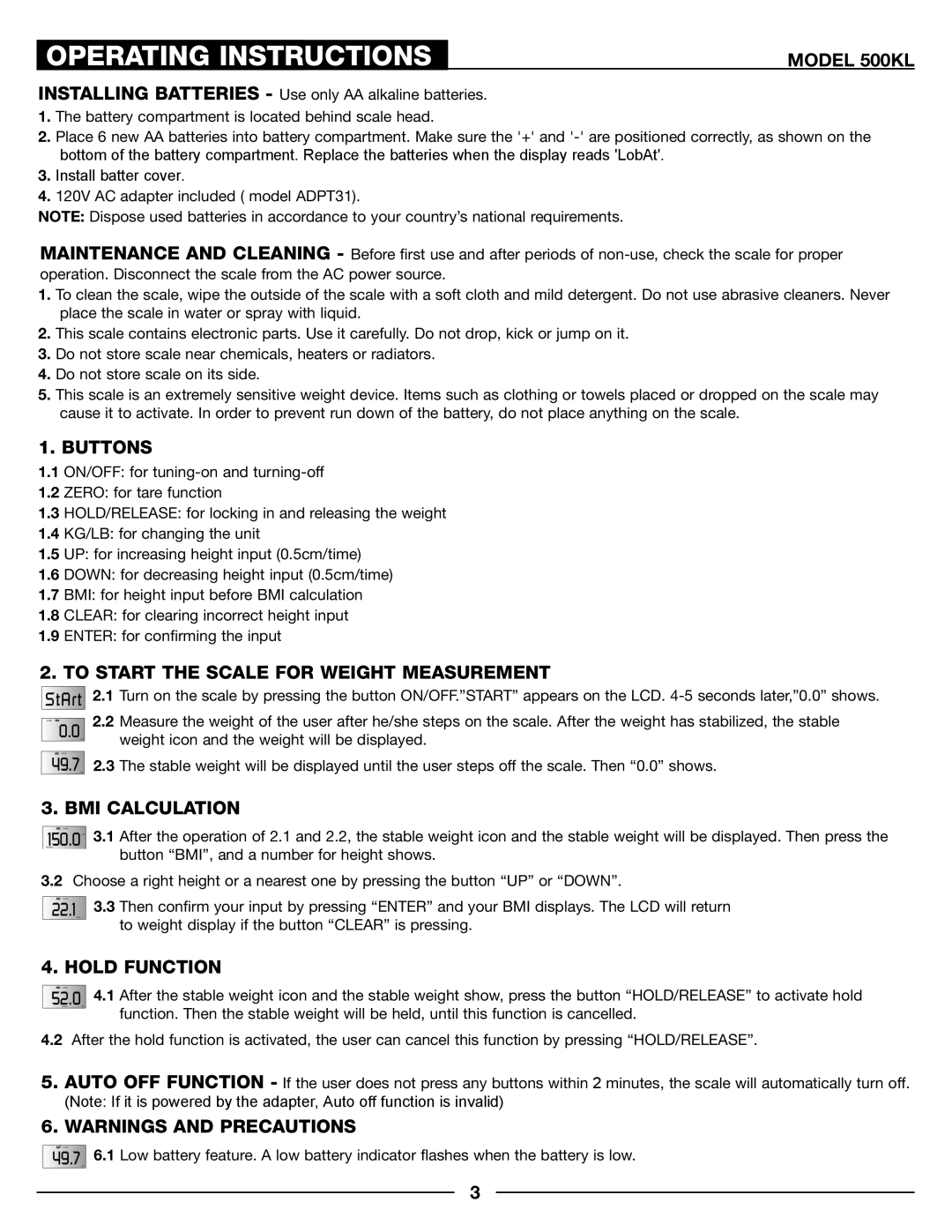 Health O Meter 500KL Operating Instructions, Buttons, To Start the Scale for Weight Measurement, BMI Calculation 