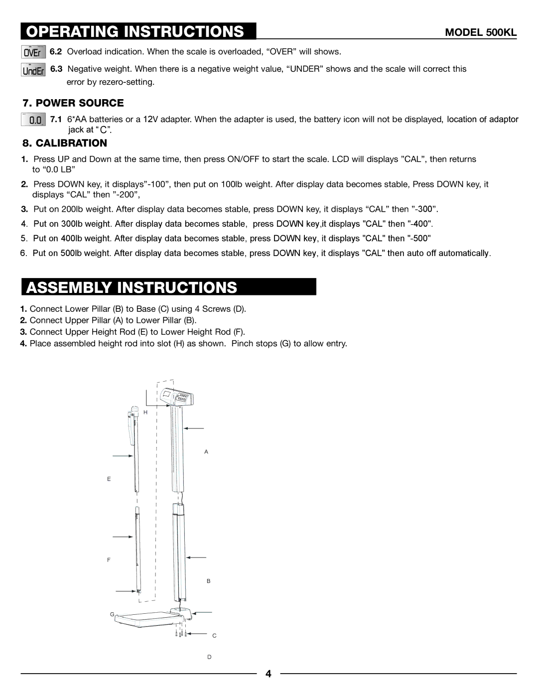 Health O Meter 500KL operation manual Assembly Instructions, Power Source, Calibration 