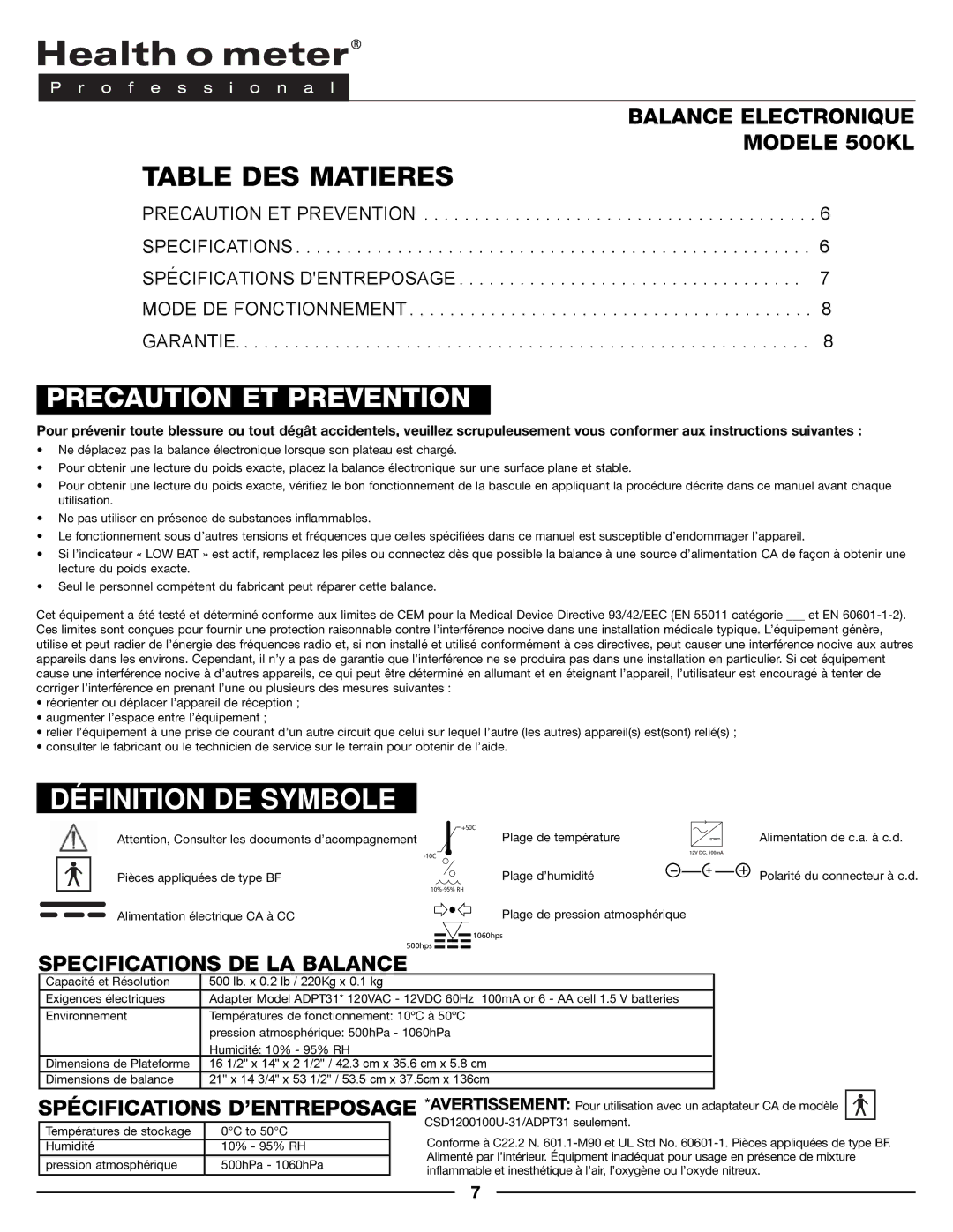 Health O Meter 500KL operation manual Table DES Matieres, Precaution ET Prevention, Definition DE Symbole 