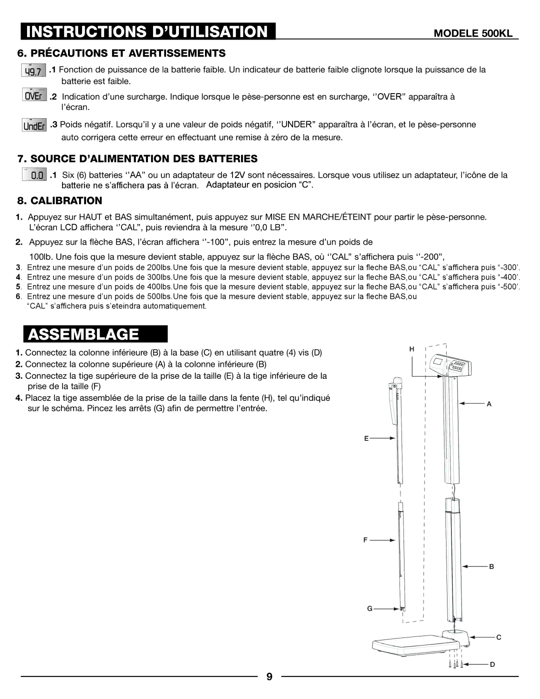 Health O Meter 500KL operation manual Instructions D’UTILISATION, Assemblage, Précautions ET Avertissements 