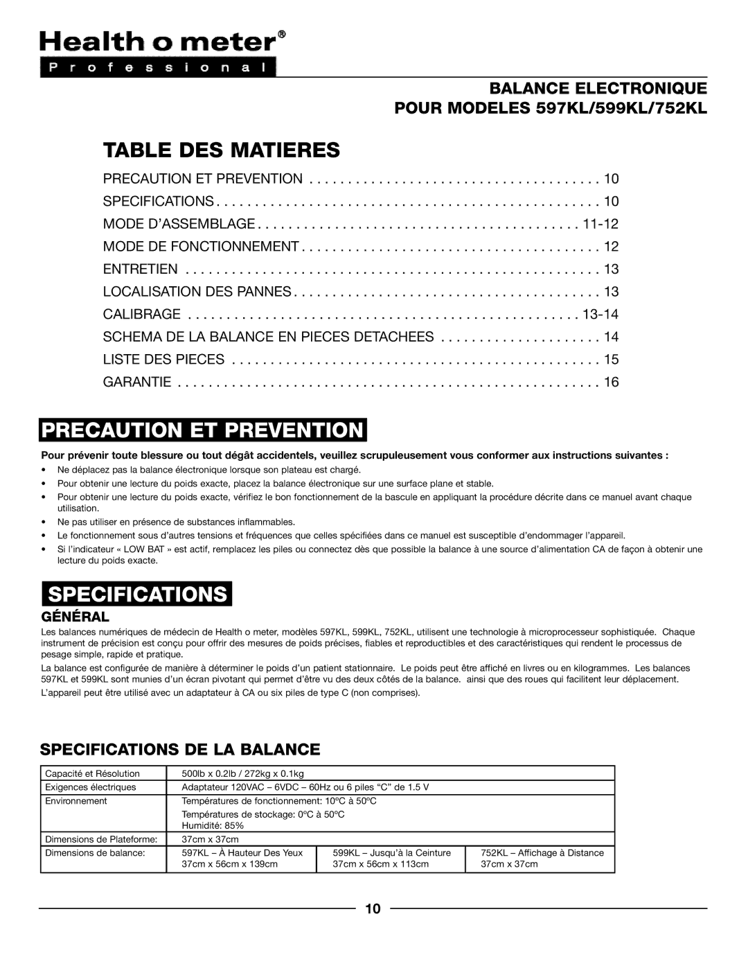 Health O Meter Table DES Matieres, Precaution ET Prevention, Balance Electronique Pour Modeles 597KL/599KL/752KL 