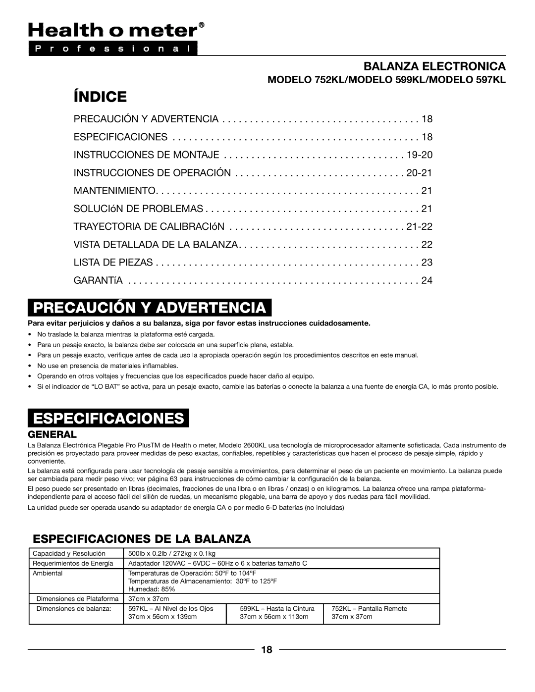 Health O Meter 752KL, 599KL, 597KL operation manual Índice, Precaución Y Advertencia, Especificaciones DE LA Balanza 