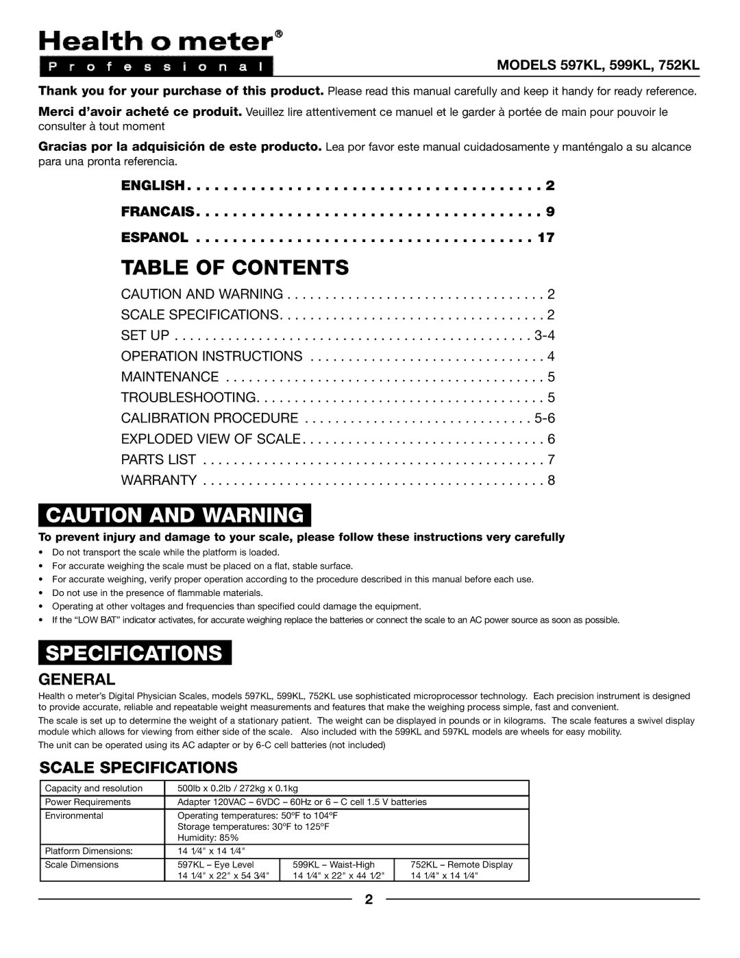 Health O Meter 597KL, 752KL, 599KL operation manual Table of Contents, Specifications 