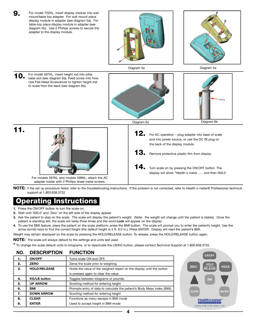 Health O Meter 599KL, 752KL, 597KL operation manual Operating Instructions, Description Function 