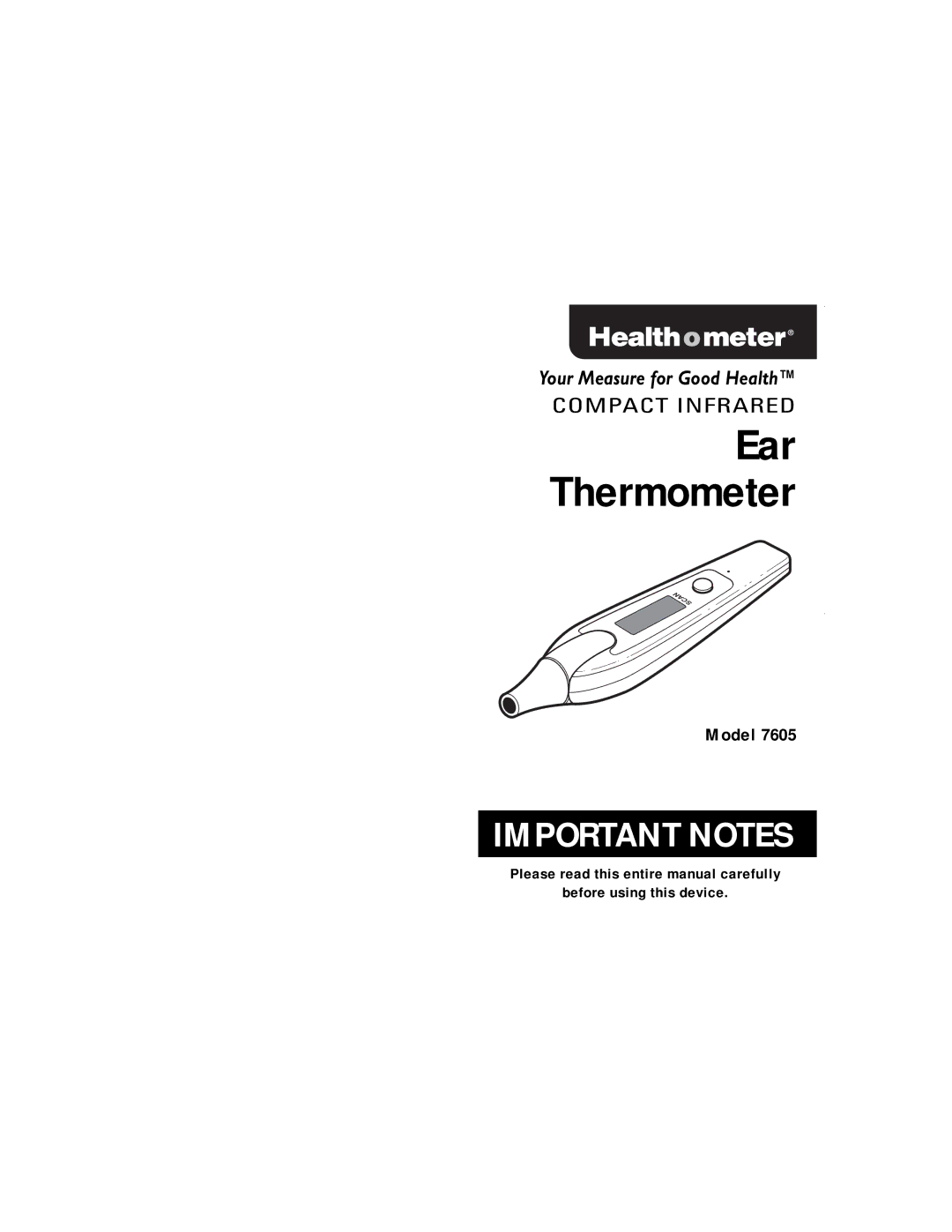 Health O Meter Compact Infrared Ear Thermometer, 7605 manual 