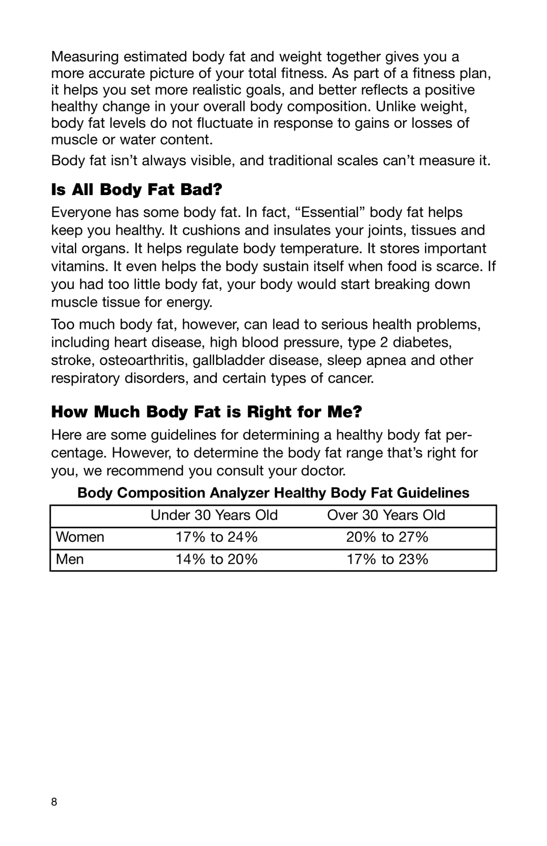 Health O Meter BFM950 user manual Is All Body Fat Bad?, How Much Body Fat is Right for Me? 