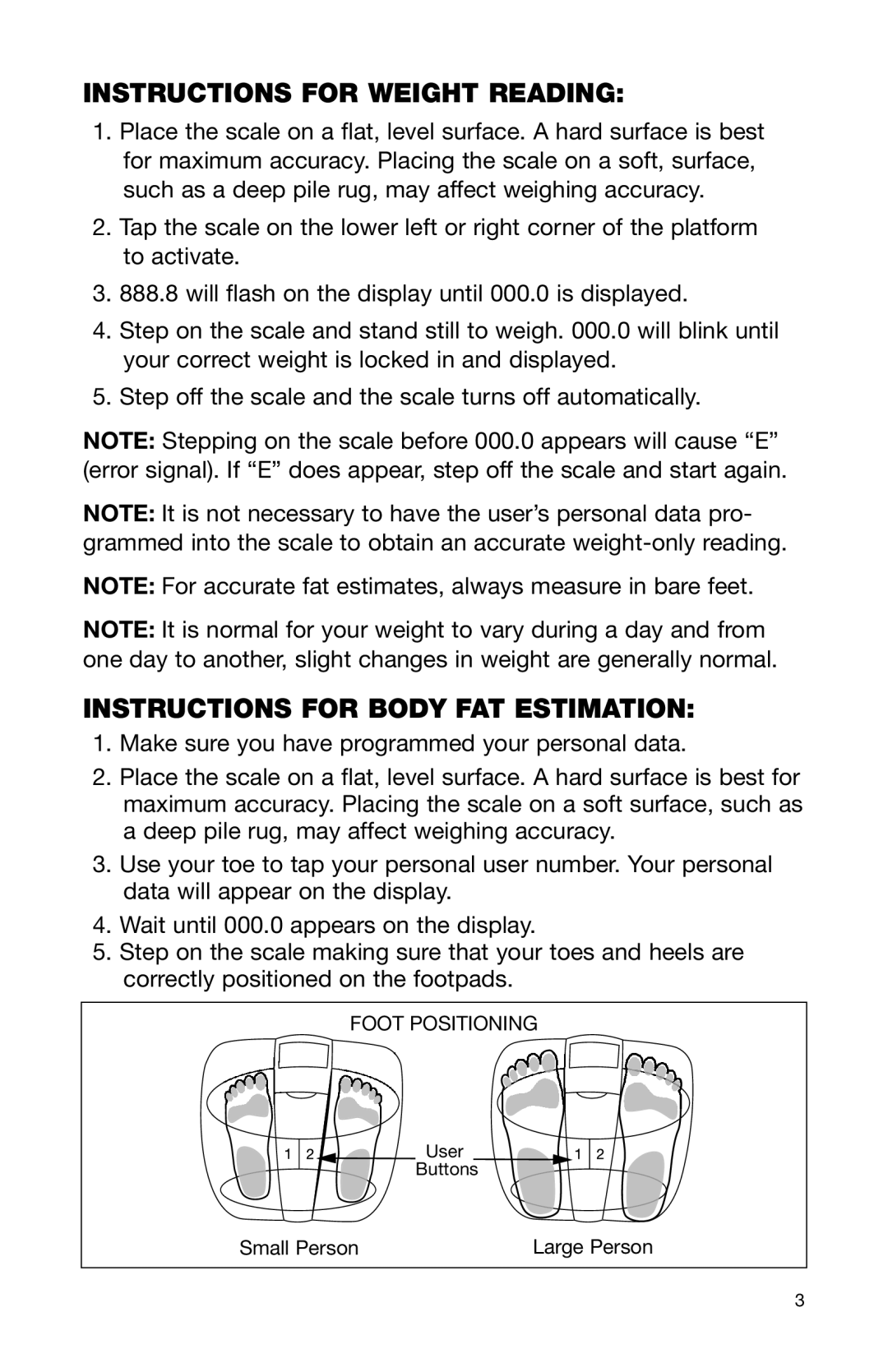 Health O Meter BFM950 user manual Instructions for Weight Reading, Instructions for Body FAT Estimation 