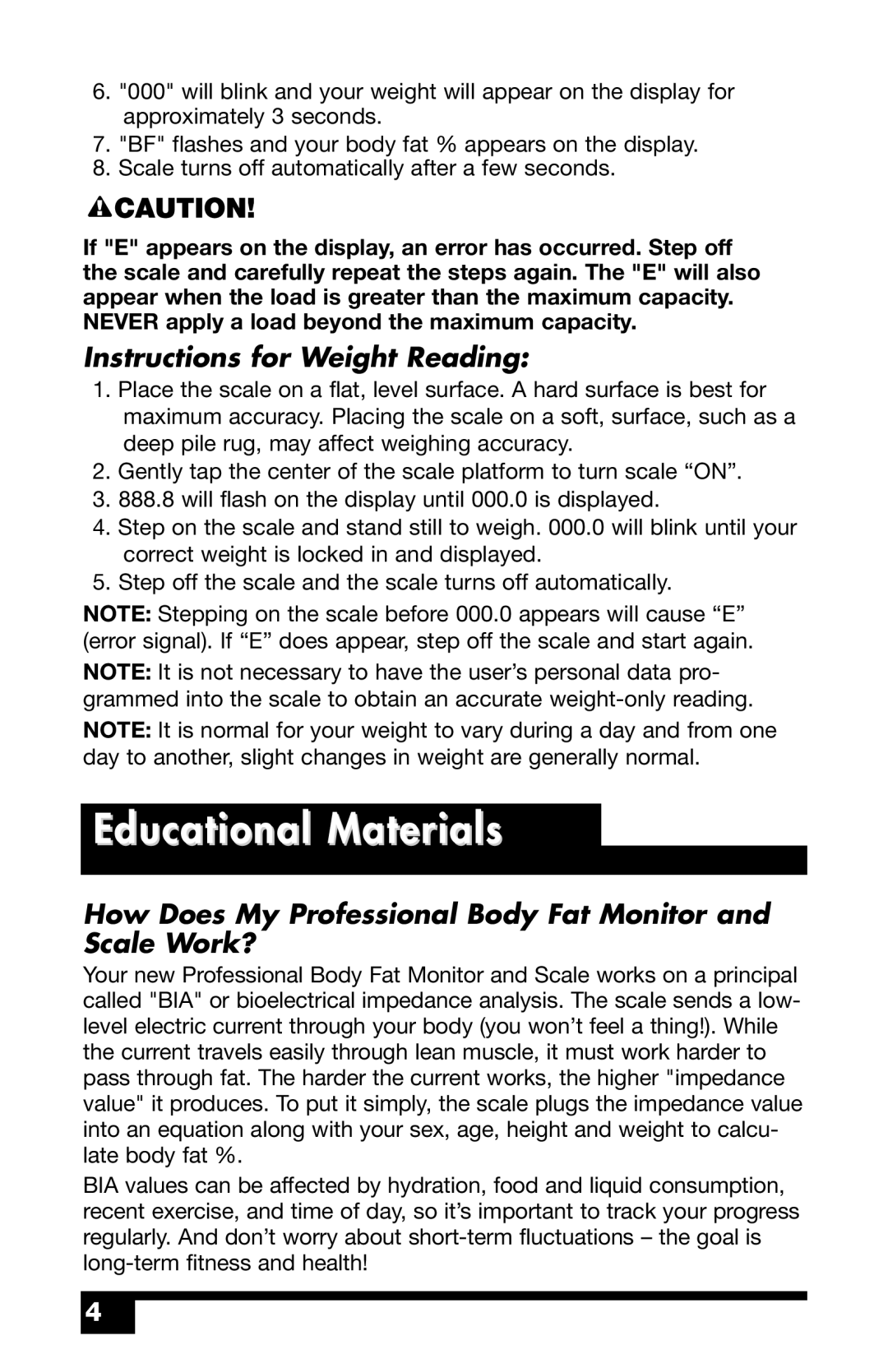 Health O Meter BFM980 user manual Educational Materials, Instructions for Weight Reading 