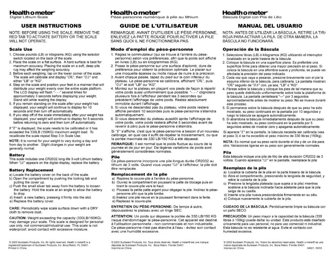 Health O Meter HDL200-05 manual 