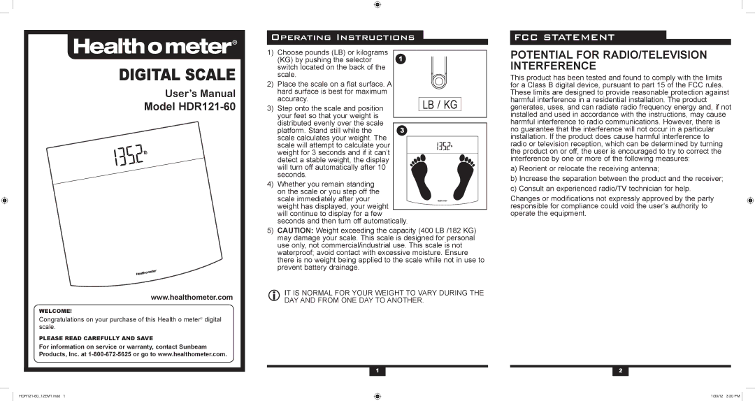 Health O Meter user manual Model HDR121-60, Operating Instructions, FCC Statement 