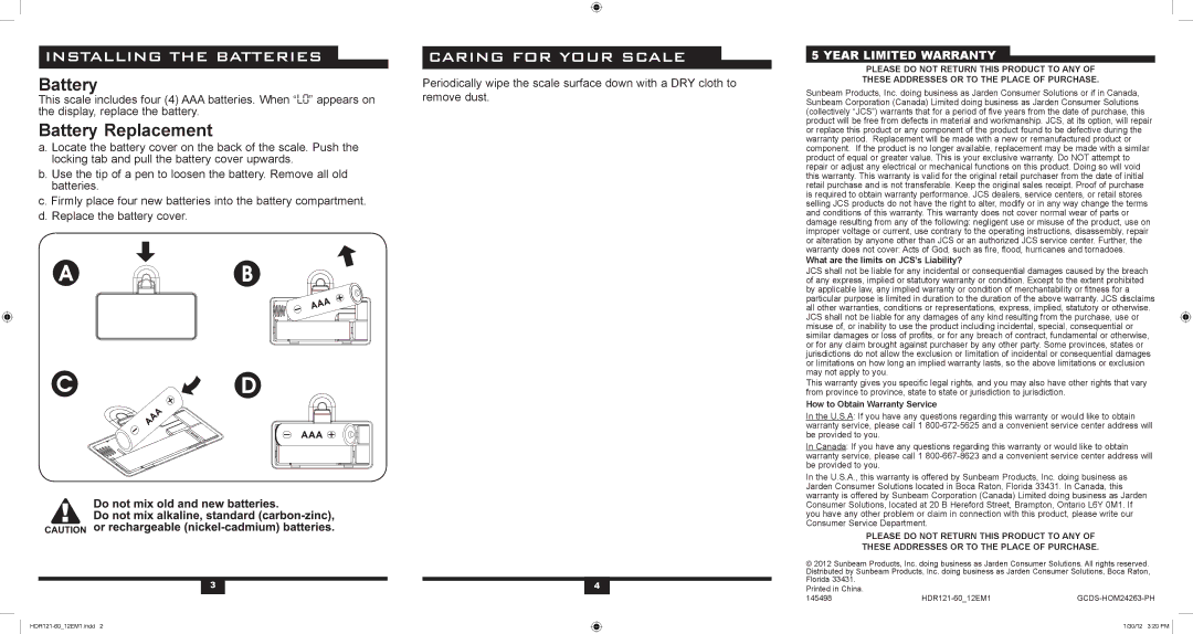 Health O Meter HDR121-60 user manual Installing the Batteries, Battery Replacement, Caring for Your Scale 