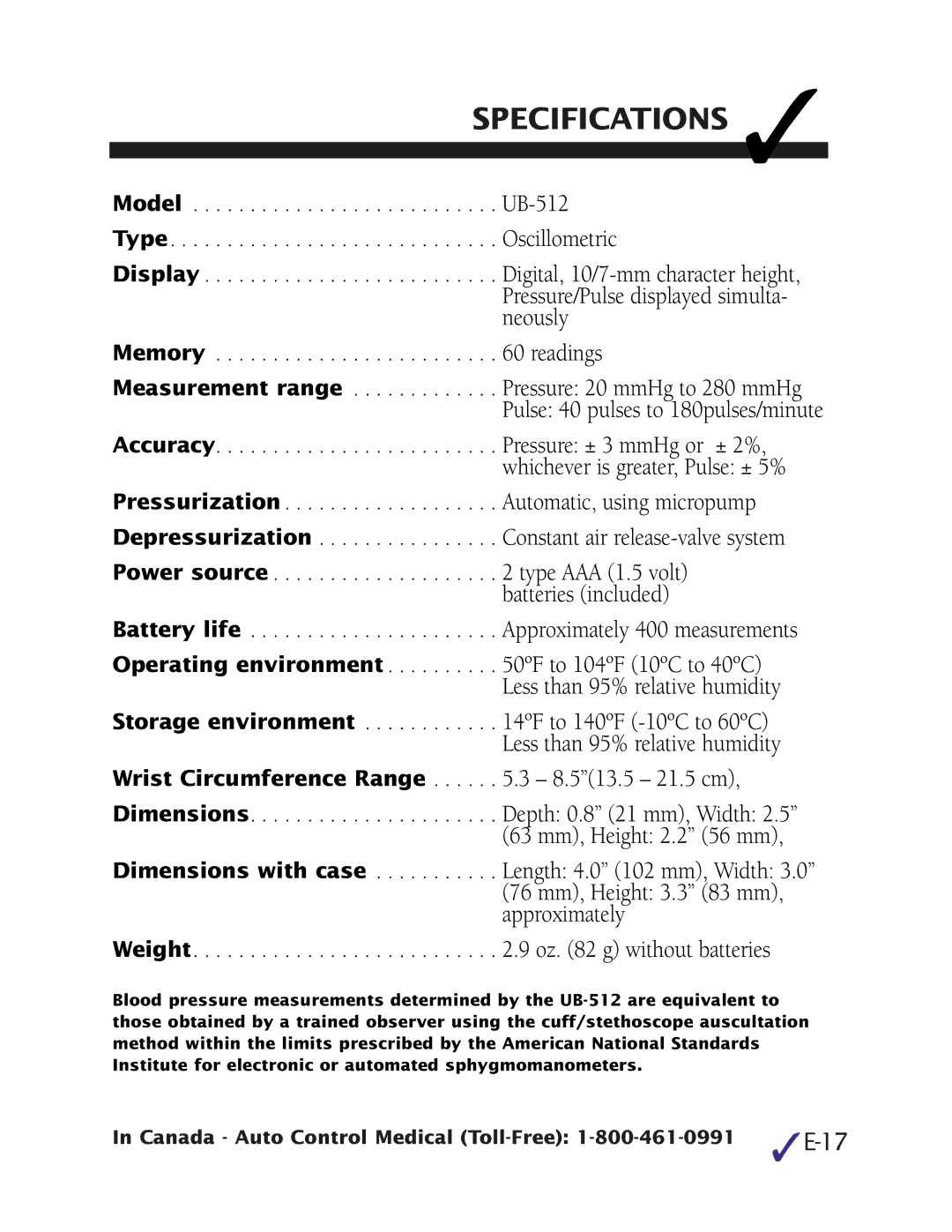 Health O Meter UB-512 manual Specifications, Memory Readings Measurement range 