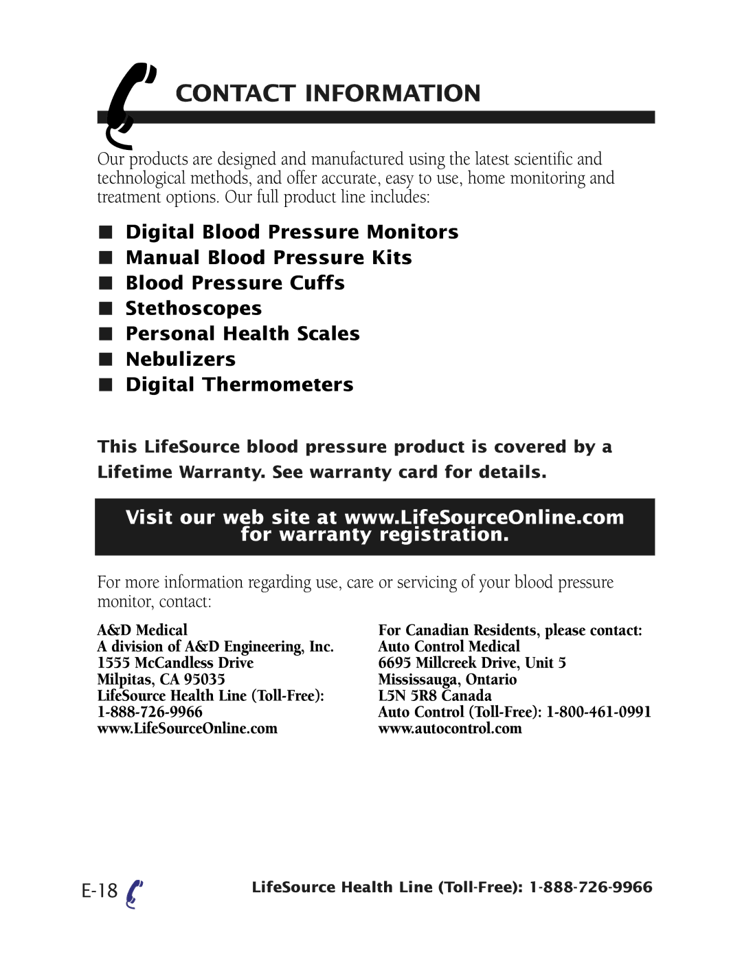 Health O Meter UB-512 manual Contact Information, For warranty registration 