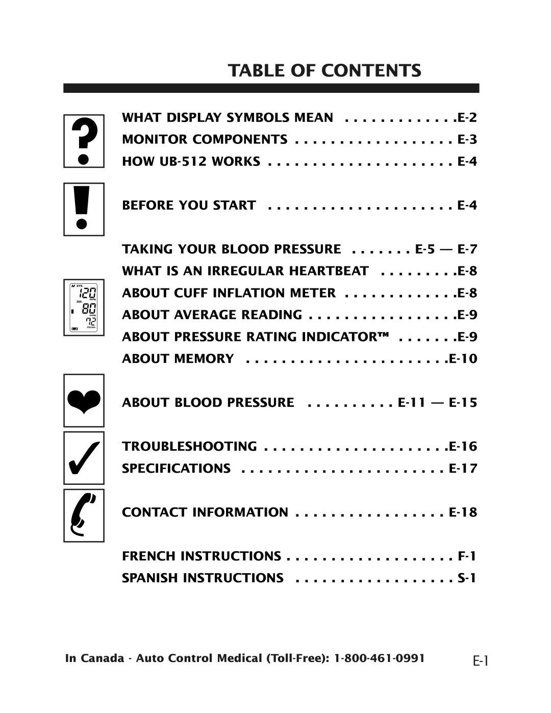 Health O Meter UB-512 manual Table of Contents 