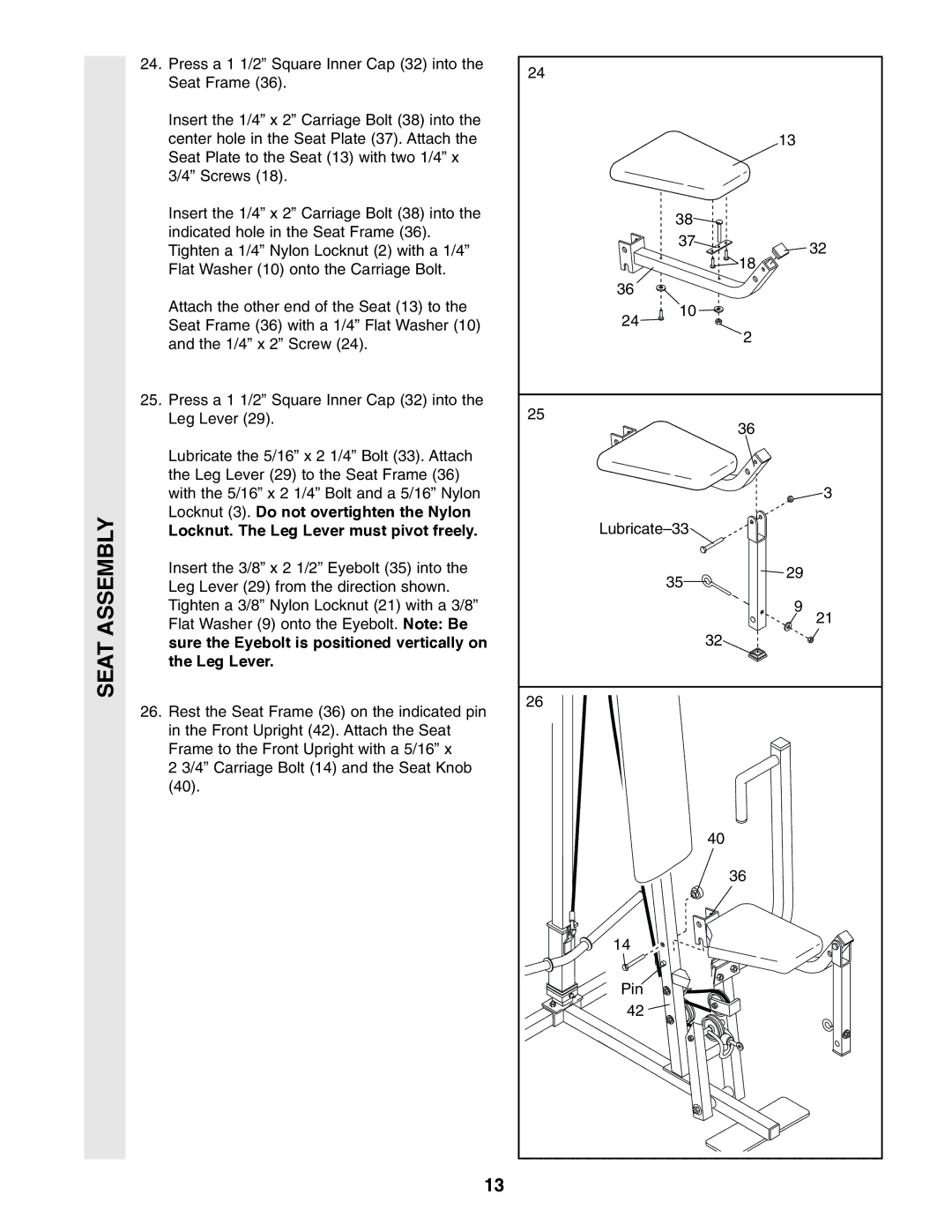 Healthrider 831.159710 manual Locknut. The Leg Lever must pivot freely 