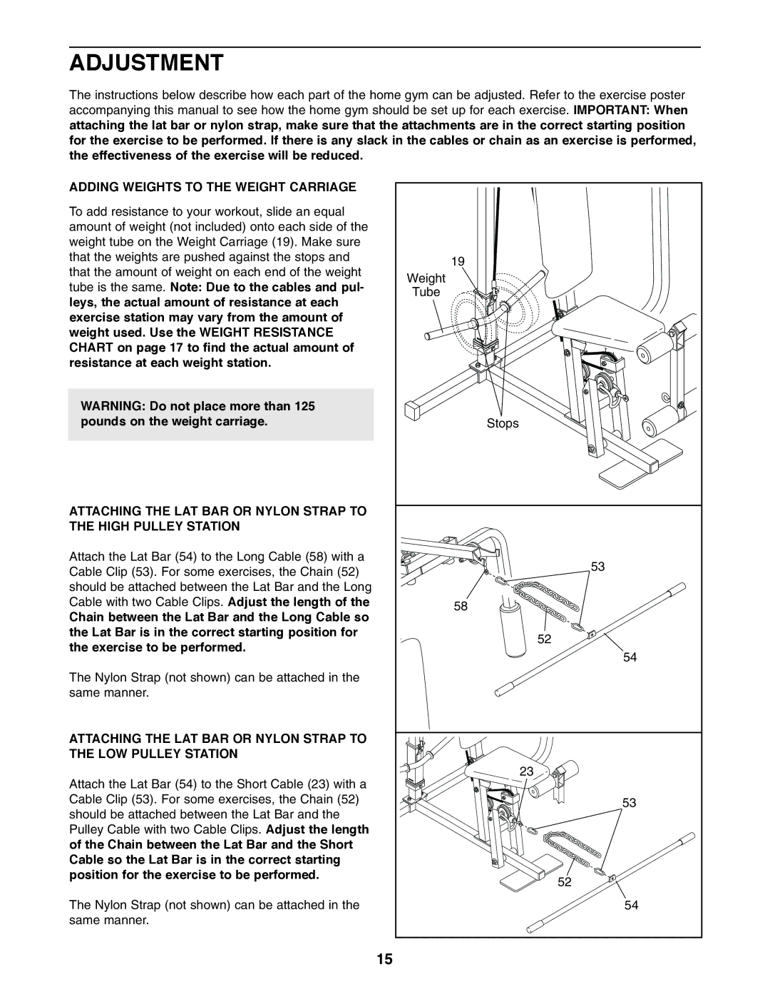 Healthrider 831.159710 manual Adjustment, Adding Weights to the Weight Carriage 