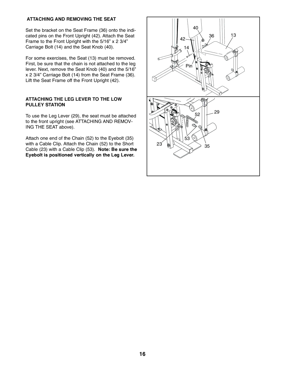 Healthrider 831.159710 manual Attaching and Removing the Seat, Attaching the LEG Lever to the LOW Pulley Station 