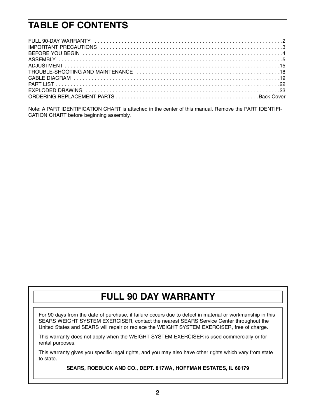 Healthrider 831.159710 manual Table of Contents, Full 90 DAY Warranty 