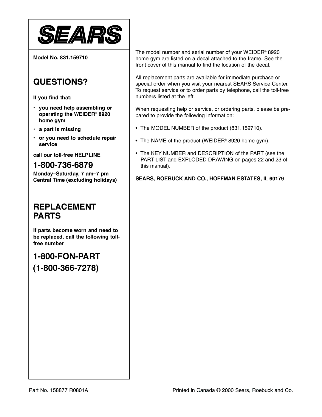 Healthrider 831.159710 manual Model No, SEARS, Roebuck and CO., Hoffman ESTATES, IL 