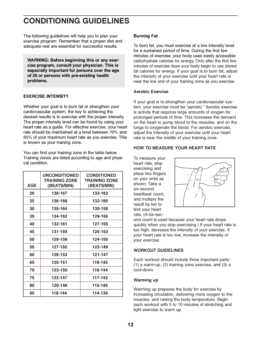 Healthrider 831.285770 Conditioning Guidelines, Exercise Intensity, Unconditioned Conditioned Training Zone BEATS/MIN AGE 