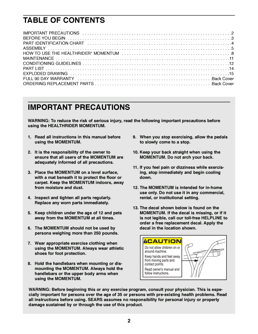 Healthrider 831.285770 manual Table of Contents, Important Precautions 