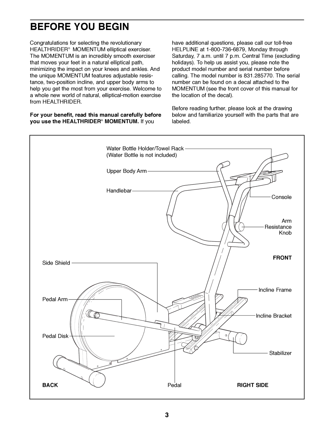 Healthrider 831.285770 manual Before YOU Begin, Front, Back, Right Side 