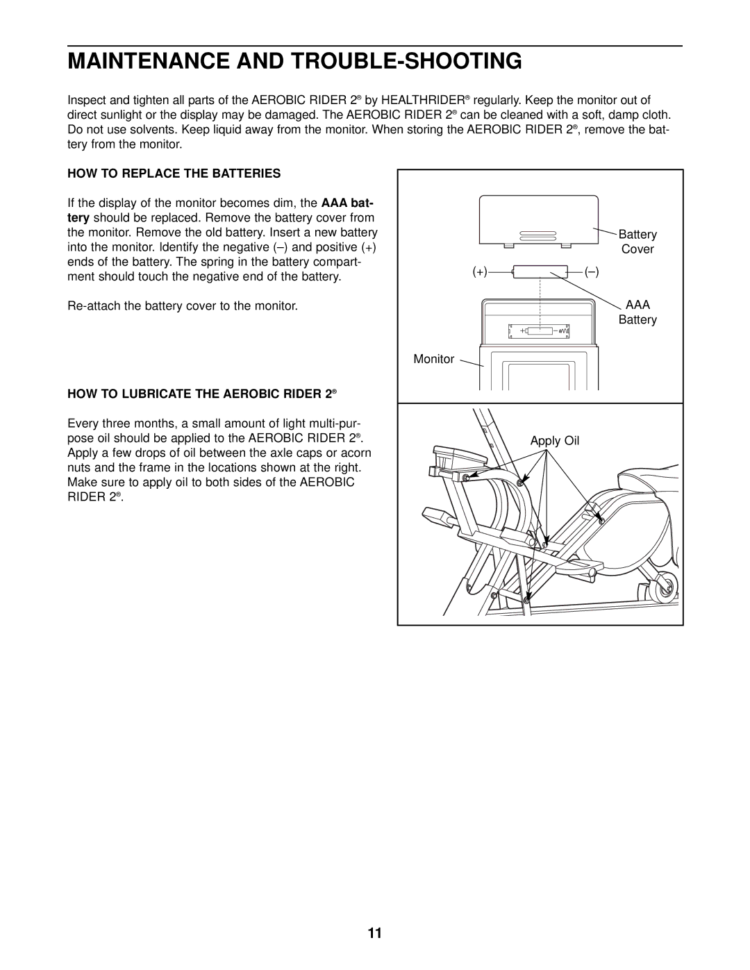 Healthrider 831.287940 Maintenance and TROUBLE-SHOOTING, HOW to Replace the Batteries, HOW to Lubricate the Aerobic Rider 