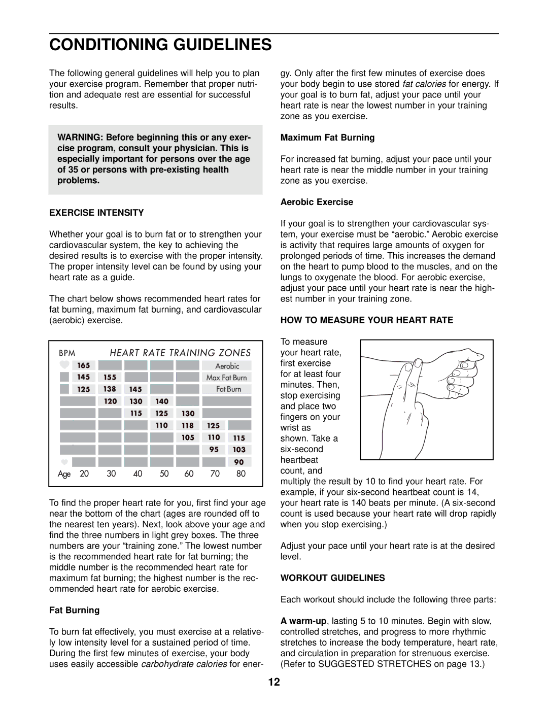 Healthrider 831.287940 Conditioning Guidelines, Exercise Intensity, HOW to Measure Your Heart Rate, Workout Guidelines 