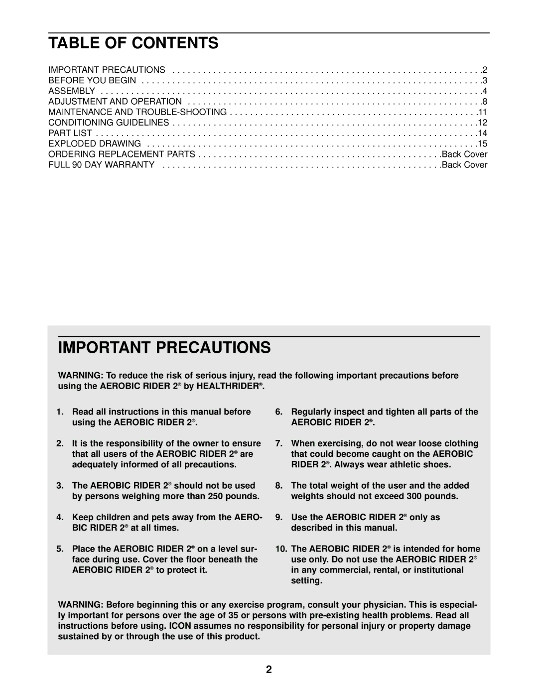 Healthrider 831.287940 manual Table of Contents, Important Precautions 