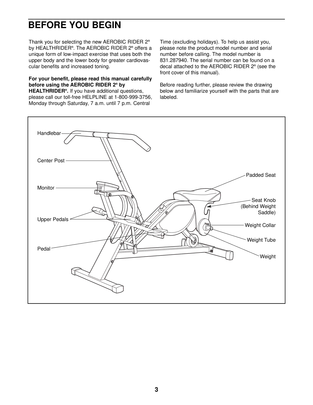 Healthrider 831.287940 manual Before YOU Begin 