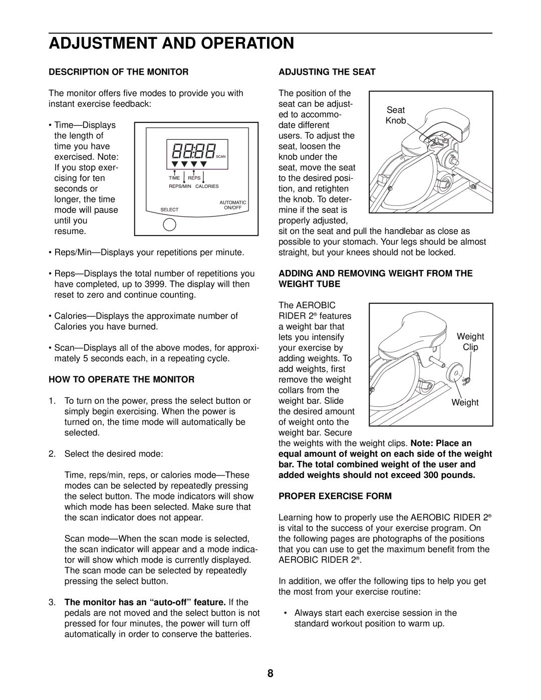 Healthrider 831.287940 manual Adjustment and Operation 