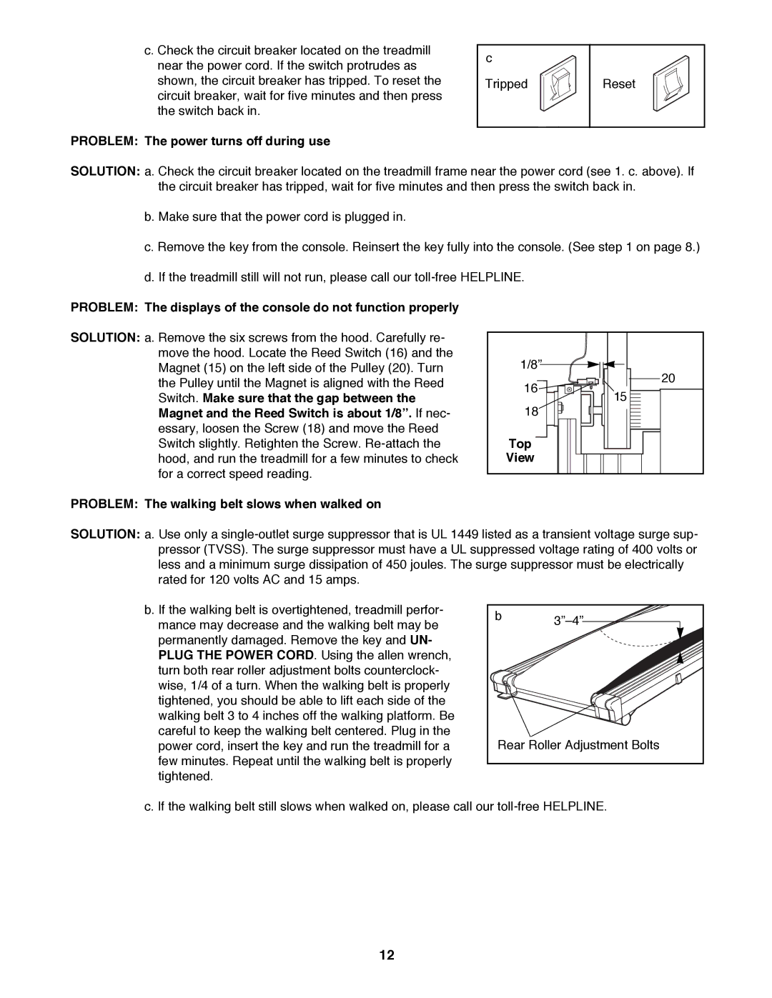 Healthrider 831.297820 S manual Problem The power turns off during use, Top, Problem The walking belt slows when walked on 