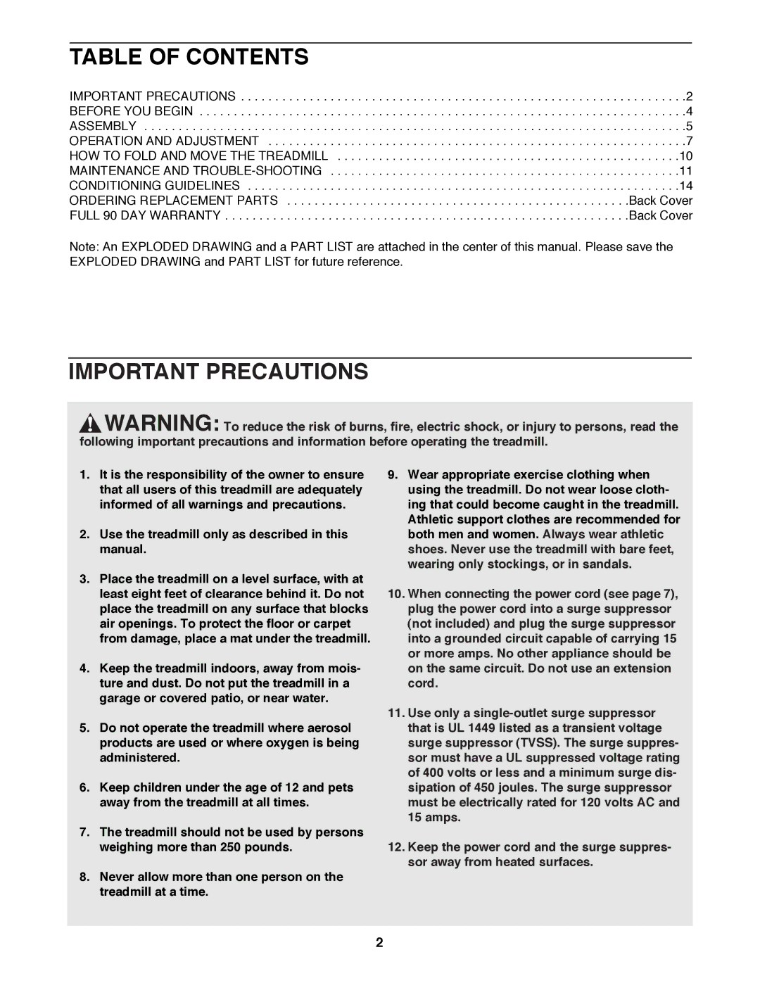 Healthrider 831.297820 S manual Table of Contents, Important Precautions 