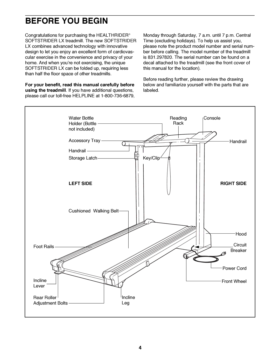 Healthrider 831.297820 S manual Before YOU Begin, Left Side Right Side 