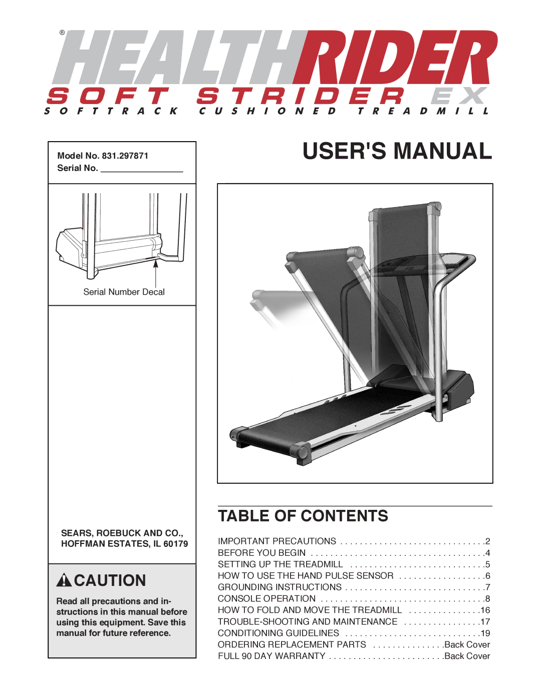 Healthrider 831.297871 manual Table of Contents 