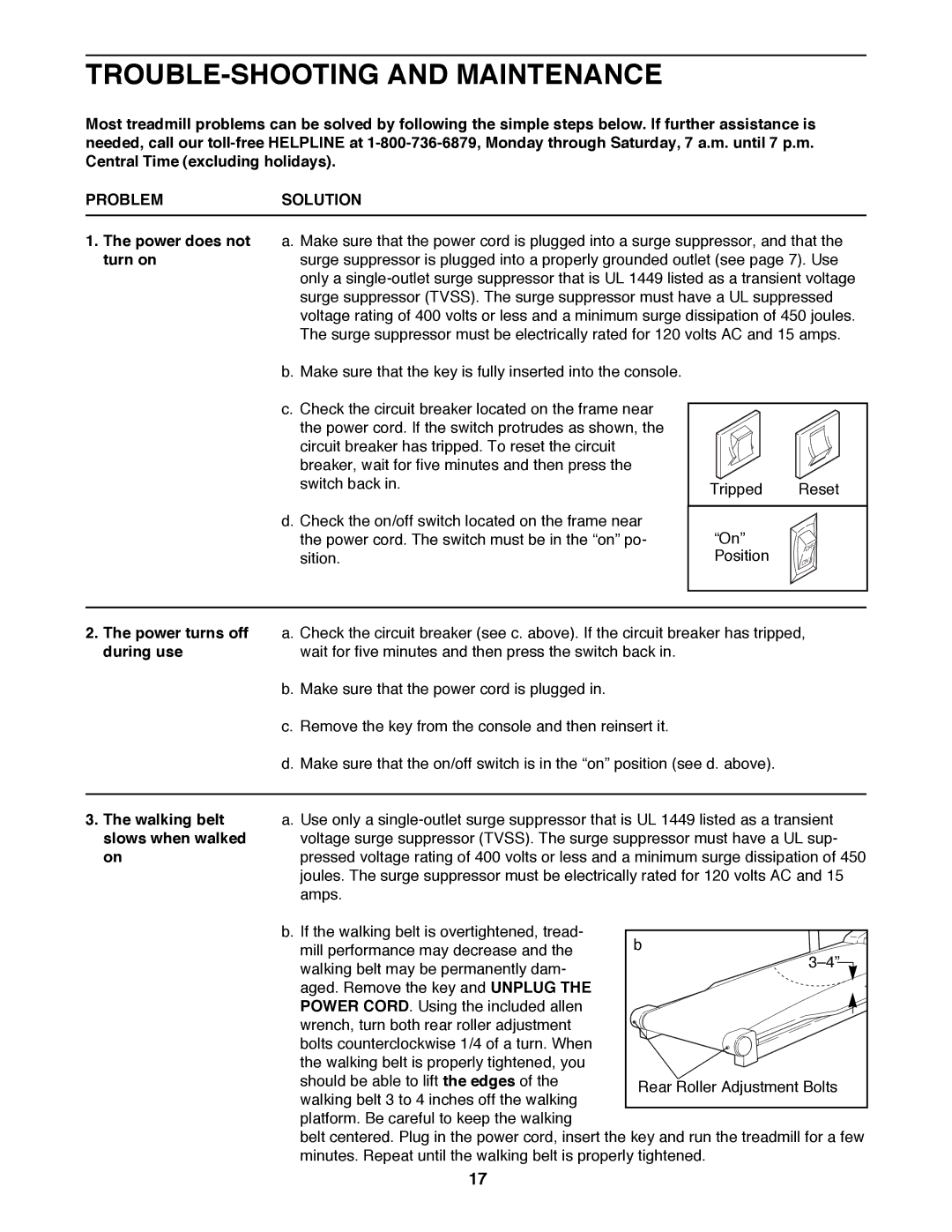 Healthrider 831.297871 manual TROUBLE-SHOOTING and Maintenance, Problemsolution 