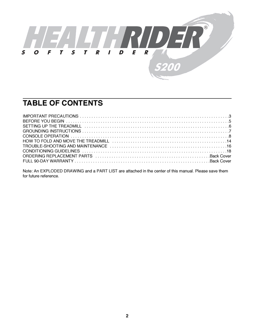 Healthrider 831.297970 manual Table of Contents 