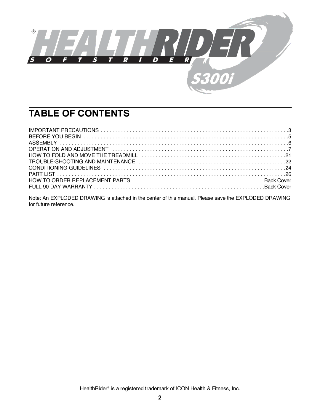 Healthrider 831.299300 manual Table of Contents 