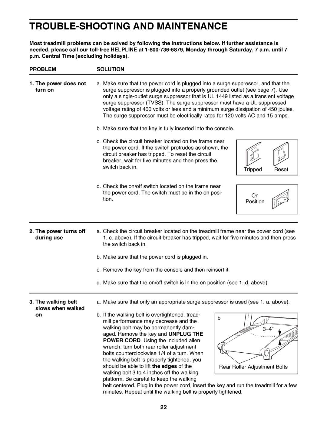 Healthrider 831.299300 manual TROUBLE-SHOOTING and Maintenance, Problemsolution 