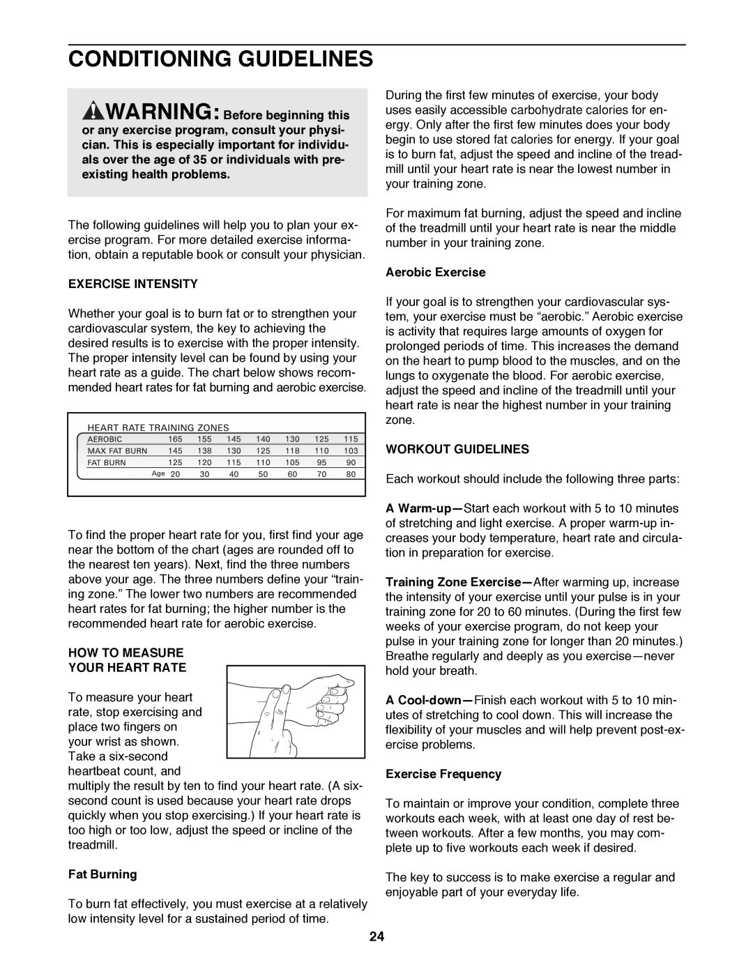 Healthrider 831.299300 Conditioning Guidelines, Exercise Intensity, HOW to Measure Your Heart Rate, Workout Guidelines 