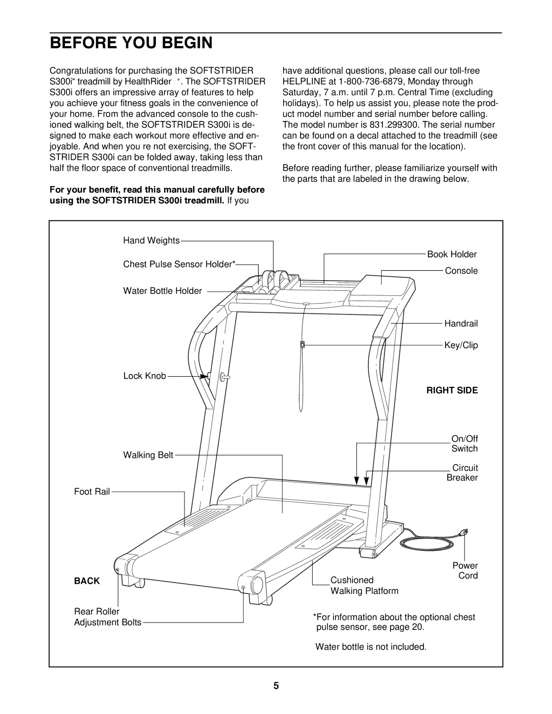 Healthrider 831.299300 manual Before YOU Begin, Right Side, Back 