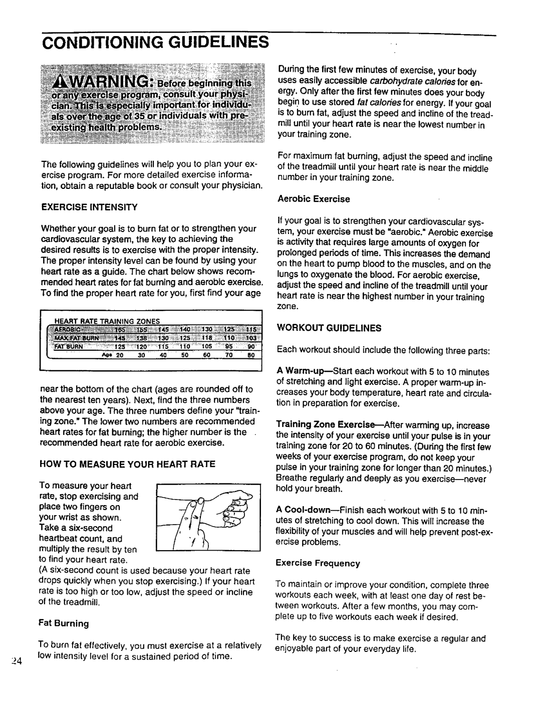 Healthrider 831.299301 manual Conditioning Guidelines, Exercise Intensity, HOW to Measure Your Heart Rate, Aerobic Exercise 