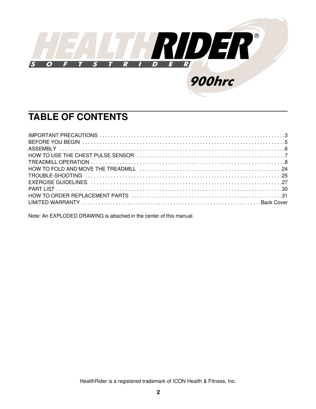 Healthrider 900hrc manual Table of Contents 