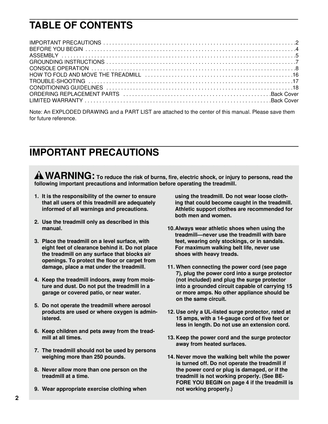 Healthrider DRTL25060 manual Table of Contents, Important Precautions 