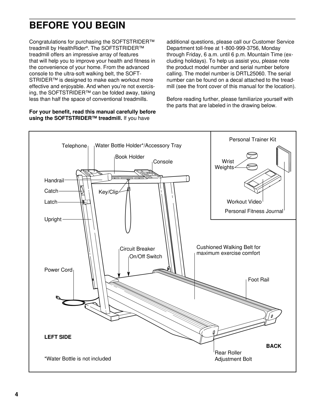 Healthrider DRTL25060 manual Before YOU Begin, Left Side Back 