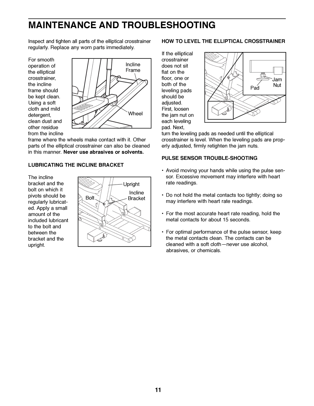 Healthrider E 530 manual Maintenance and Troubleshooting, Pulse Sensor TROUBLE-SHOOTING 