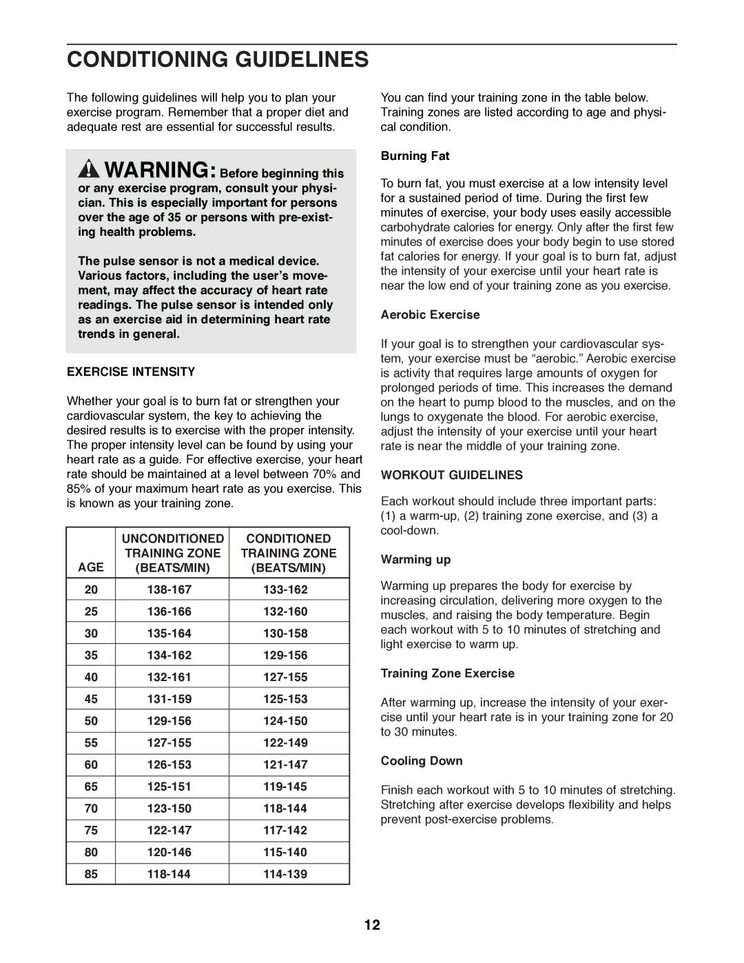 Healthrider E 530 manual Conditioning Guidelines, Exercise Intensity, Unconditioned Conditioned Training Zone AGE BEATS/MIN 