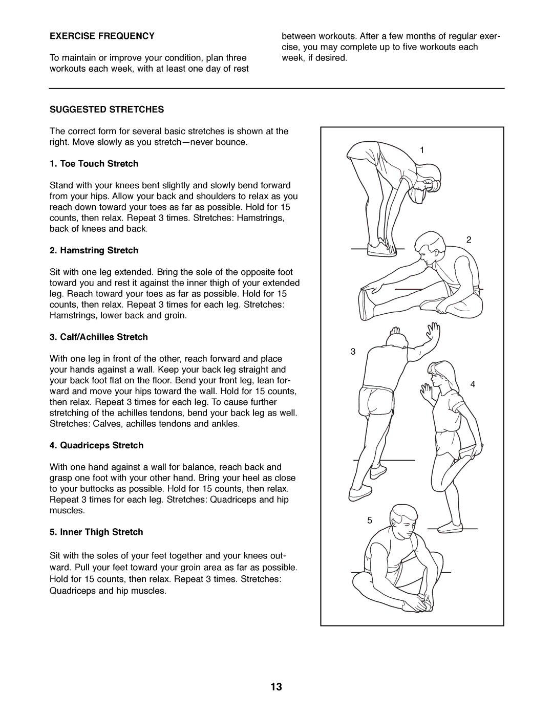 Healthrider E 530 manual Exercise Frequency, Suggested Stretches 