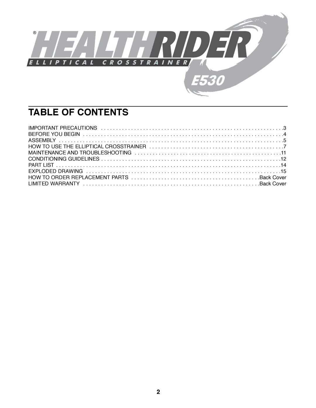 Healthrider E 530 manual Table of Contents 