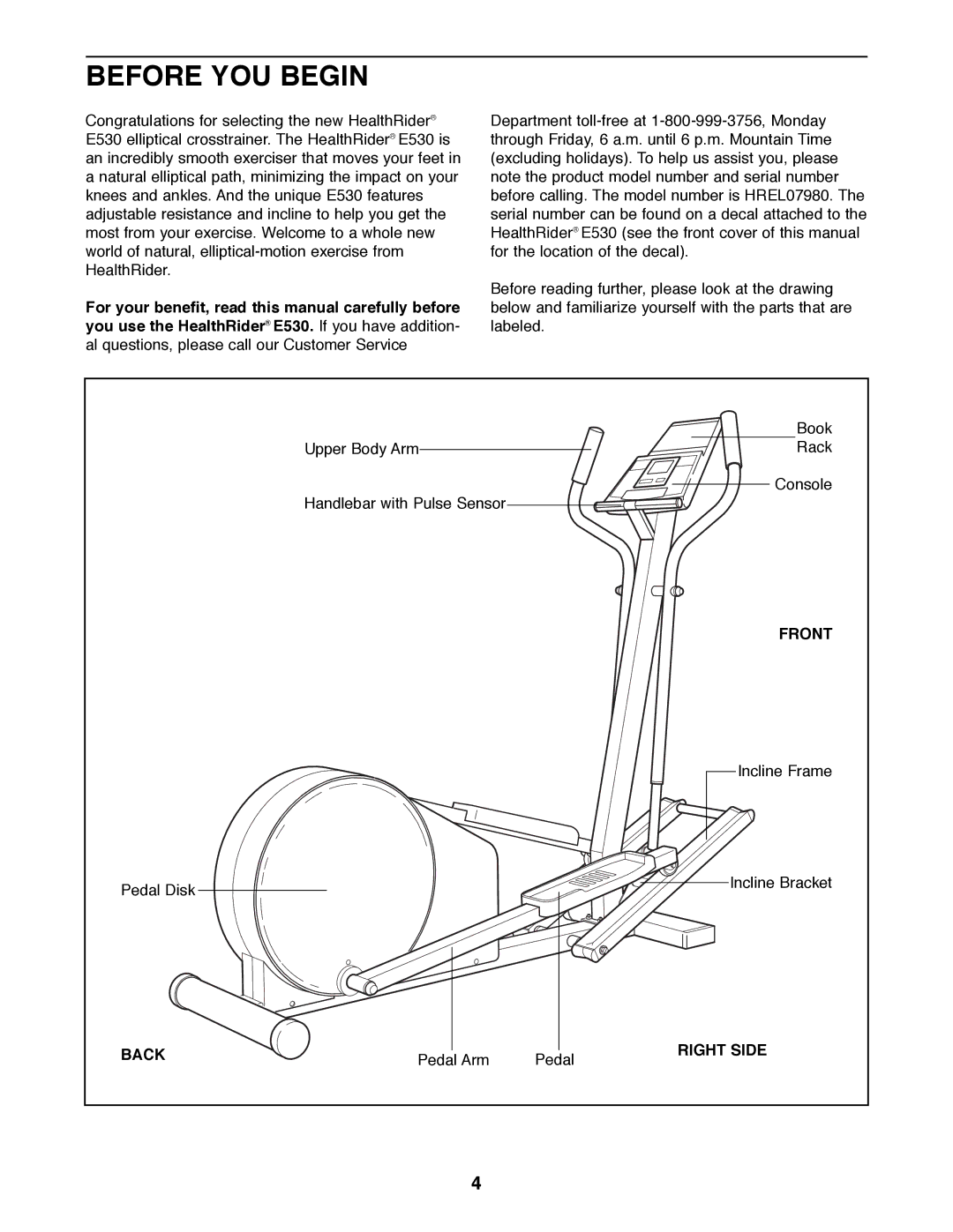 Healthrider E 530 manual Before YOU Begin, Front, Back, Right Side 